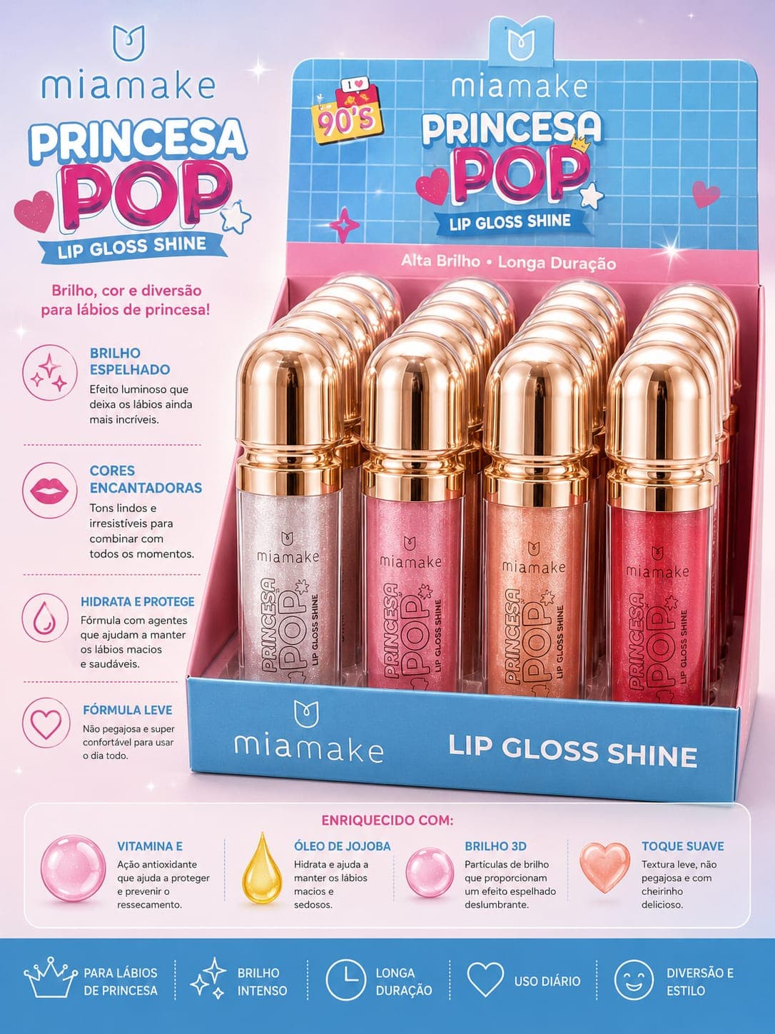 Lip Gloss Shine Princesa Pop Mia Make | Gloss Labial com Brilho 3D e Óleo de Jojoba | Alta Fixação, Hidratação e Efeito Espelhado | Queridinho das Clientes - imagem 1