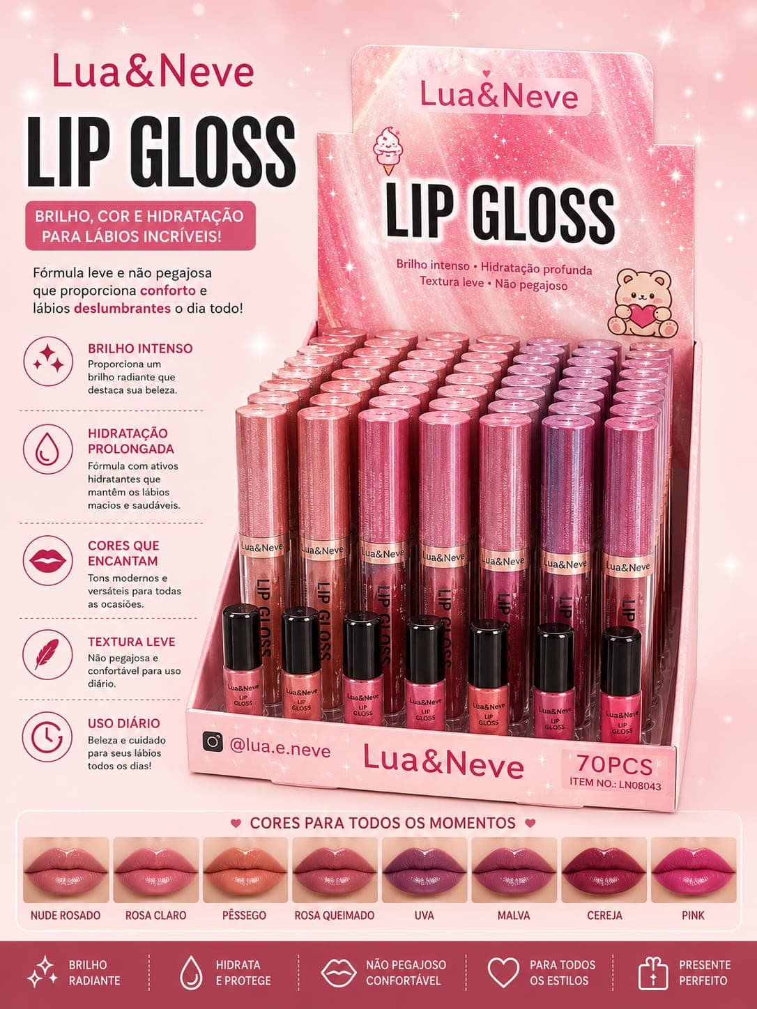 Lip Gloss Lua & Neve Hidratante | Brilho Espelhado e Cores Encantadoras | Não Pegajoso | Sucesso de Vendas com 70 Unidades - imagem 1
