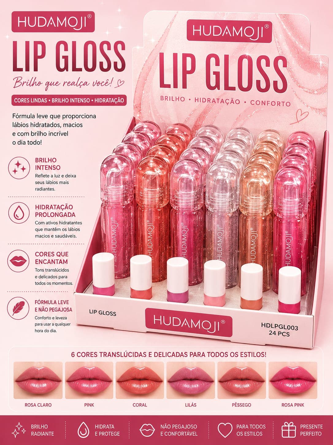 Lip Gloss Hudamoji Hidratante com Brilho Espelhado | Cores Translúcidas e Não Pegajoso | Hidratação Prolongada | Tendência de Vendas - imagem 1