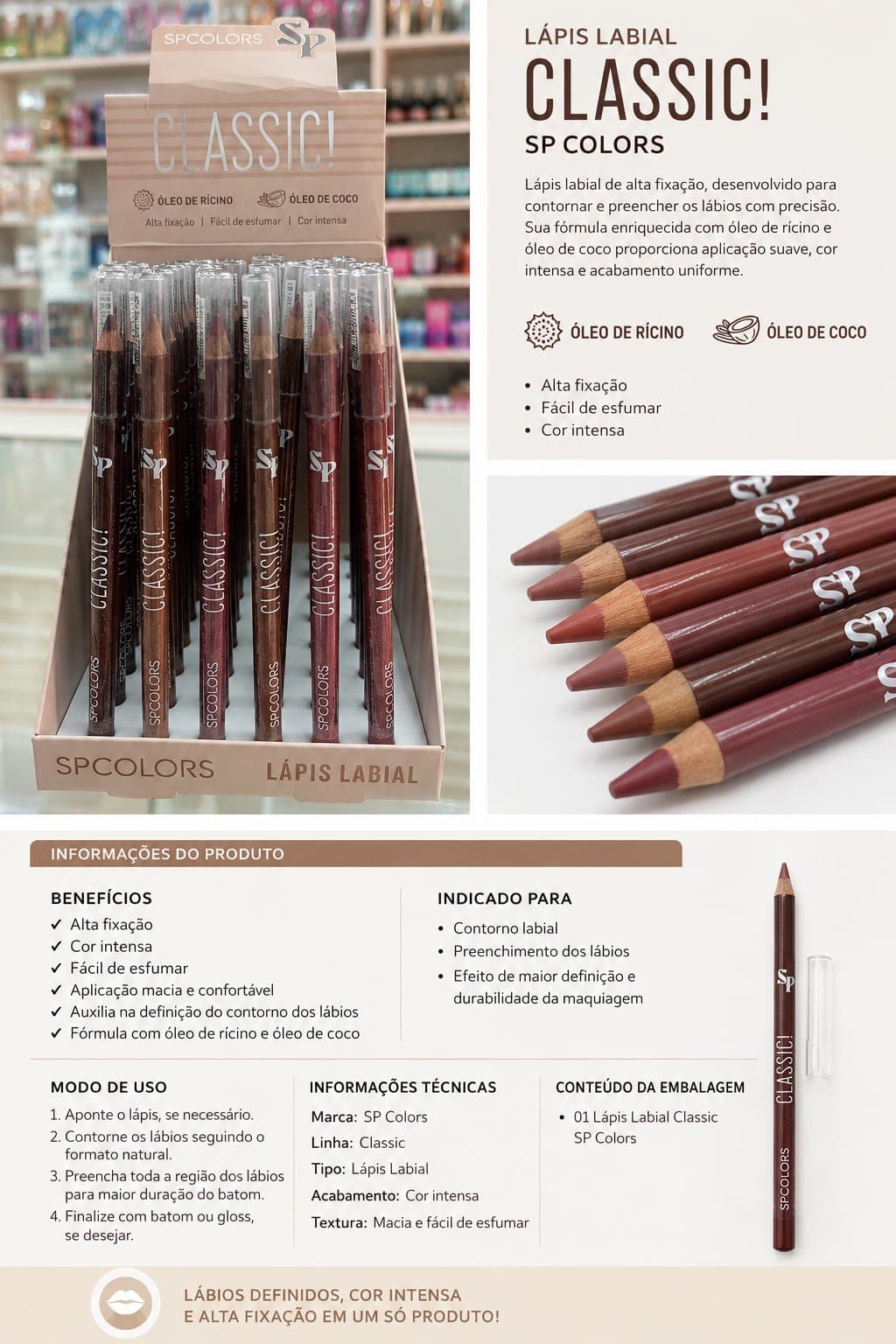 Lápis Labial SP Colors Classic | Alta Fixação e Cor Intensa | Fácil de Esfumar | Contorno Perfeito e Longa Duração | Queridinho das Maquiadoras - imagem 1