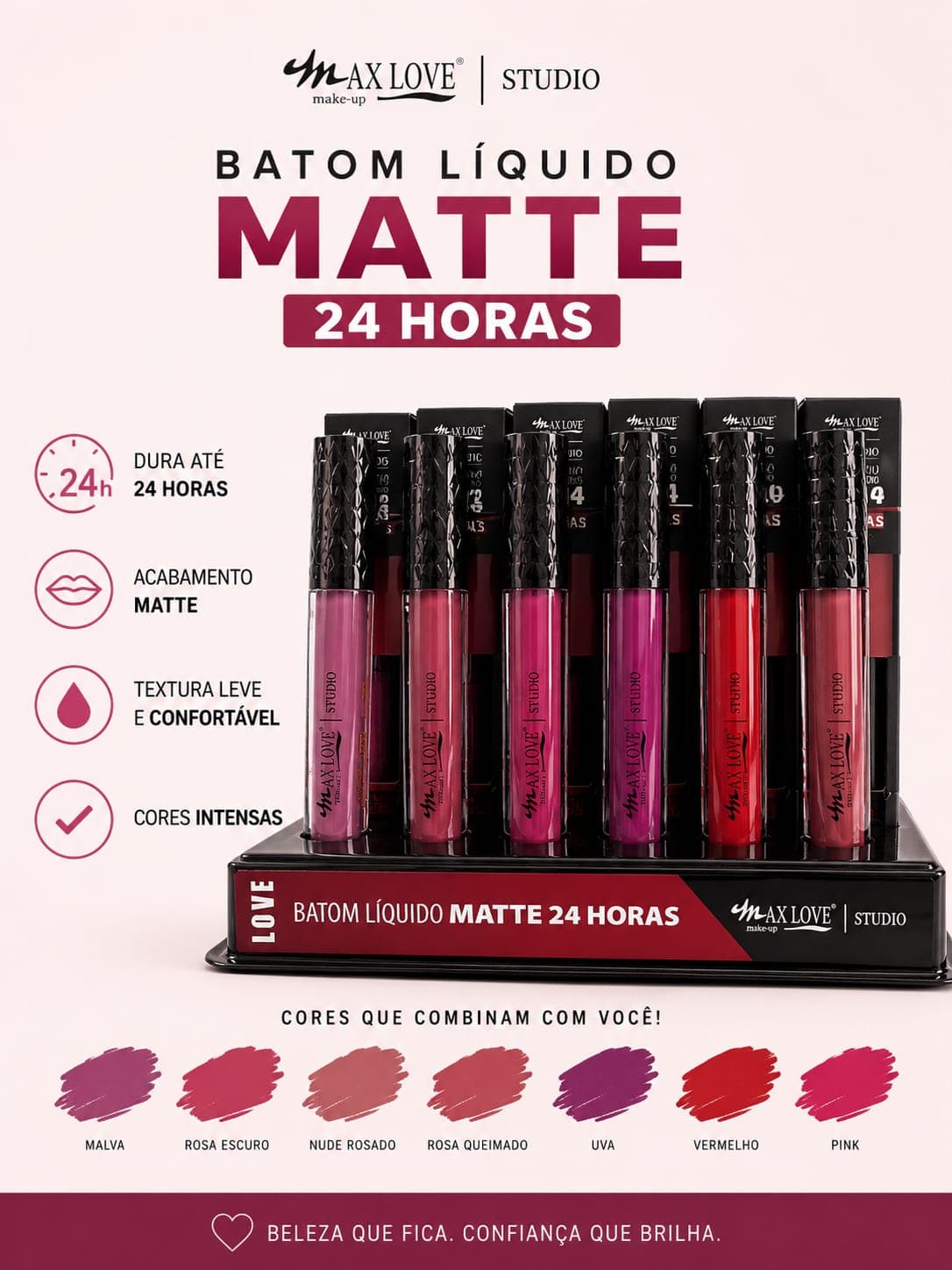 Batom Líquido Matte 24 Horas Max Love Studio | Alta Pigmentação, Longa Duração, Não Transfere e Acabamento Aveludado